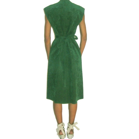 VTG Mollie Parnis Ultra Suede Green V-neck Pleated Buttoned Mod Dress w/ Belt - Picture 4 of 4